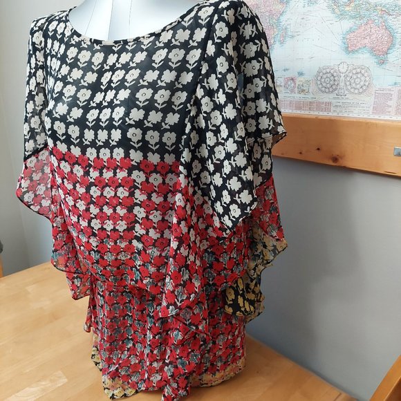 DKNYC Women Sheer Floral Pattern Tunic Blouse Elastic Waist Draped Sleeve Small - Picture 4 of 10